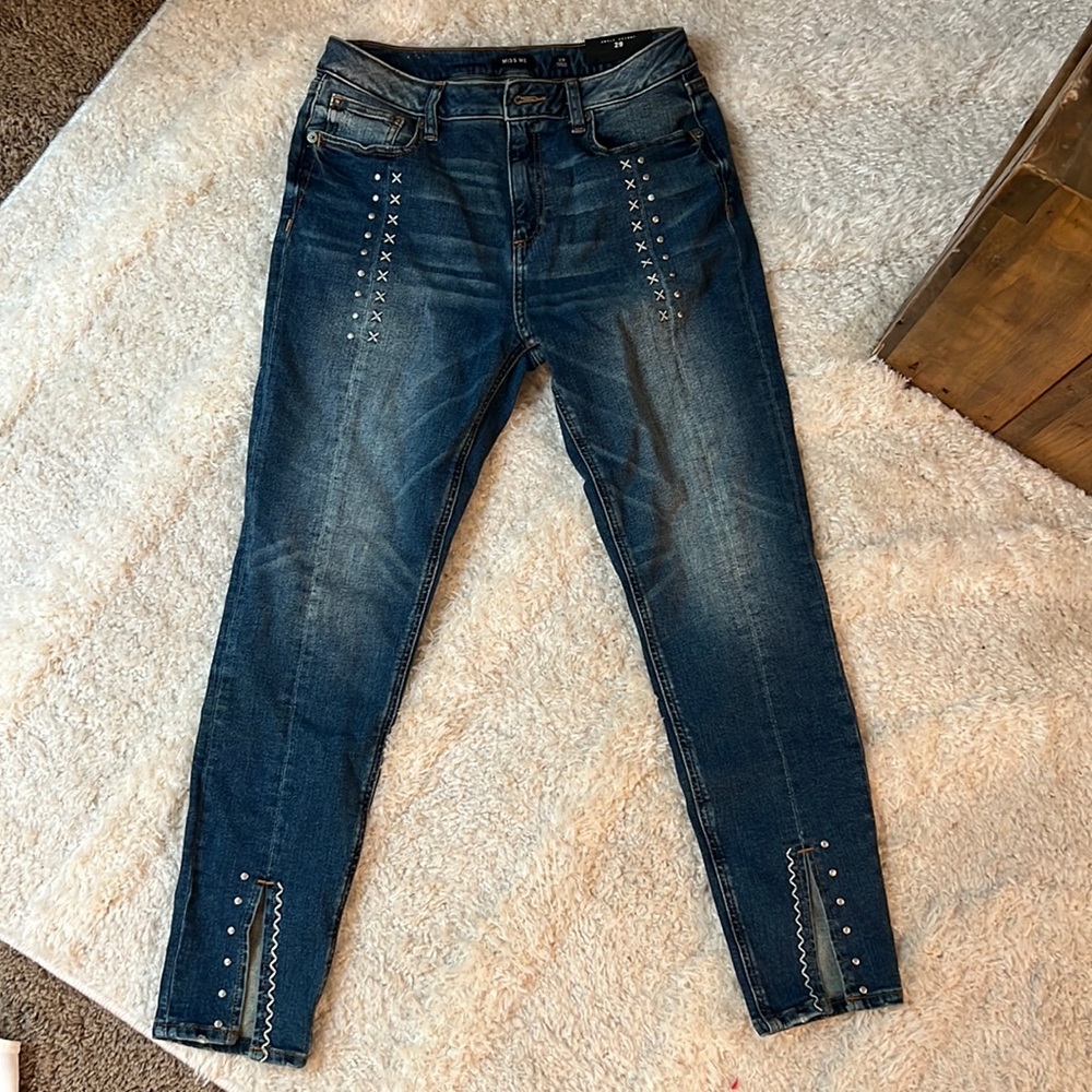 Miss me embroidered dark wash skinny Jean with grommet and slit legging pant